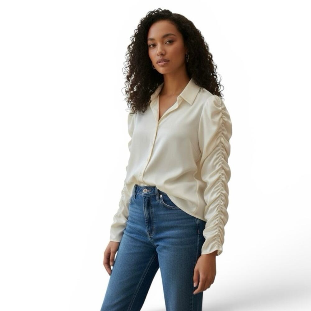 by TiMo Satin Ruched Sleeve Button Blouse Size M